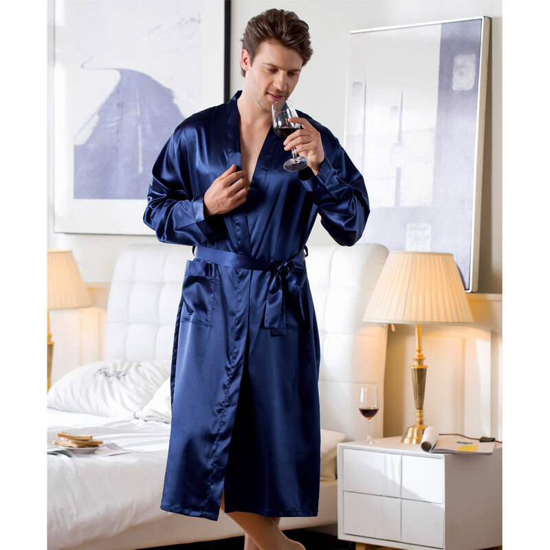 กลางความยาวเสื้อสเวตเตอร์ถักผ้าไหม Robe Solid M-3xl ขนาดใหญ่ชุดนอน Neck เสื้อคลุมอาบน้ำสำหรับ Home กิโมโน...