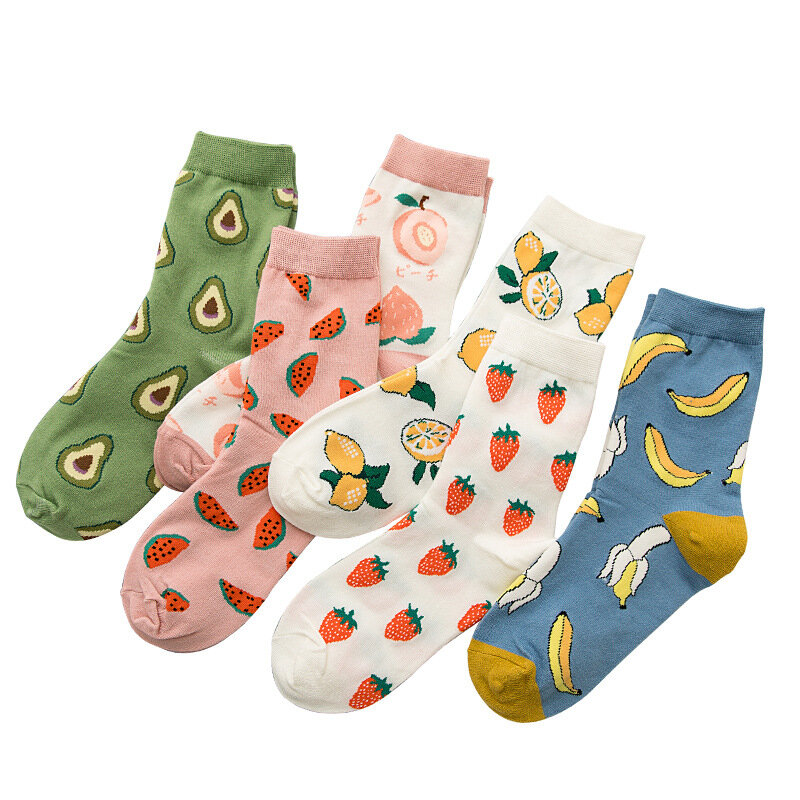 Meias estilo coreano, meias femininas de verão, desenhos animados, de algodão, melancia, limão, morango, abacate, versão coreana