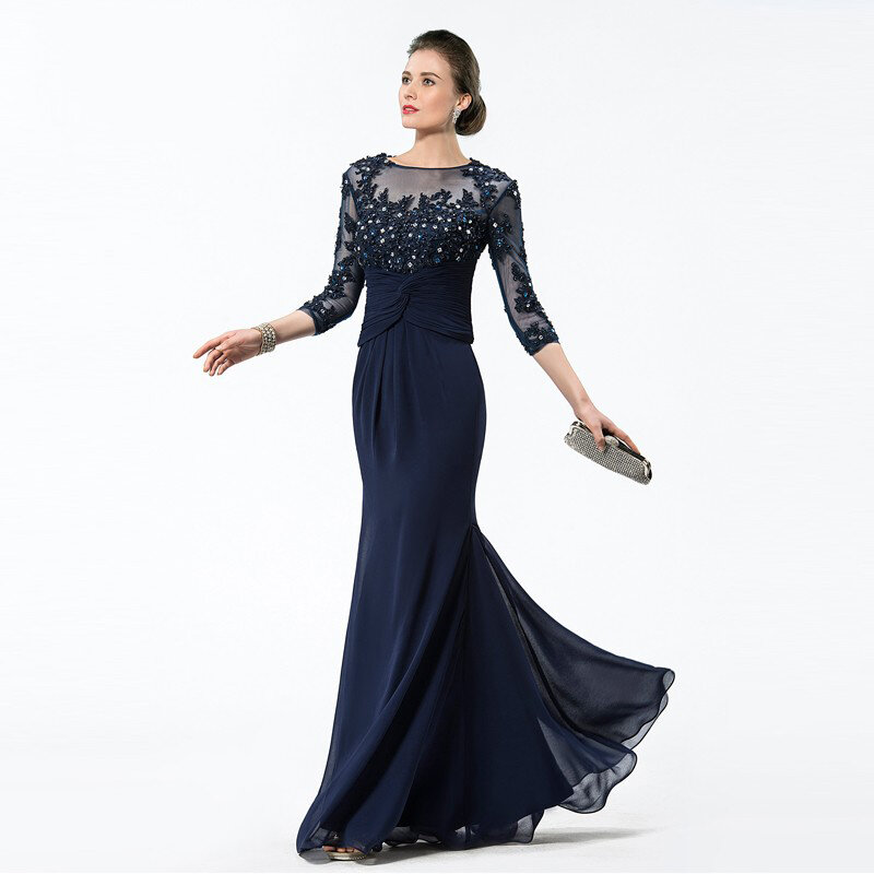 DressV Long Navy Blue Mother Of The Bride Dresses 2019 Chiffon Beaded Appliques Bodice Sheer 3/4 Sleeves Mothers Evening Dresses