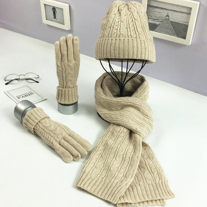 Woolen feminino tricô outono e inverno moda três peças terno clássico torção chapéu quente cachecol luva conjunto lã malha