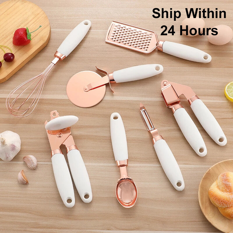 7PC Set di utensili da cucina per taglierina per Pizza con pressa per aglio in oro rosa apriscatole cottura di patate utensili da cucina di fascia alta accessori da cucina
