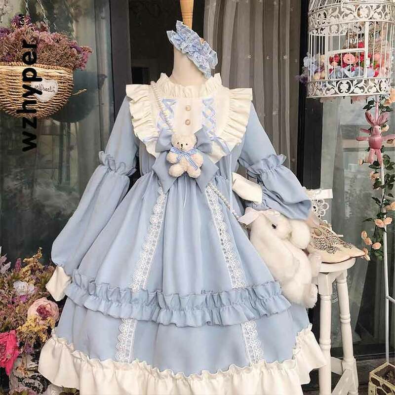 New Arrival Gothic Lolita Dress Soft Sisiter Bow Bear Lace Red Blue Pink Dress Women Princess Dress Halloween Costume for Girls