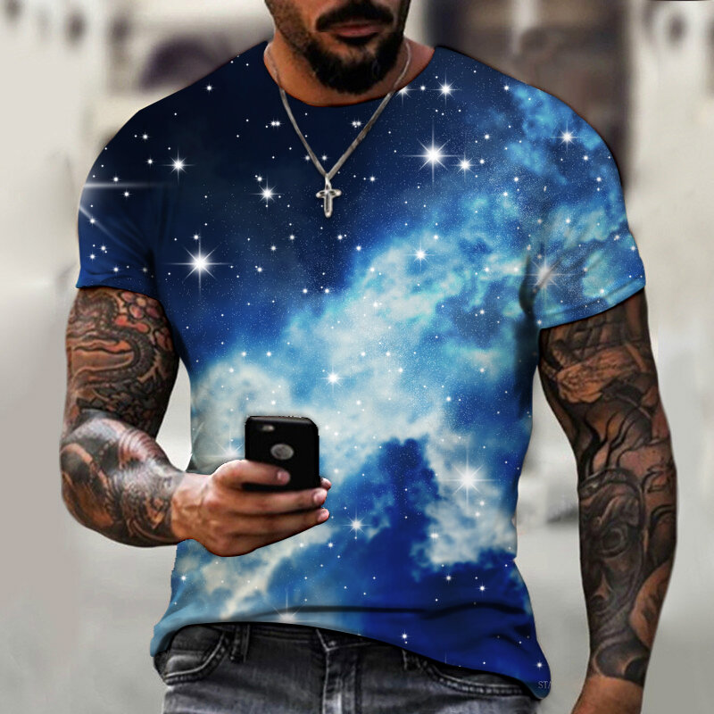 T-shirt Pria Cetak 3D Planet Galaksi Ruang Semesta Kaus Wanita Atasan Keren Cetak 3D Bintang Langit Pakaian Streetwear Mode Anak Laki-laki