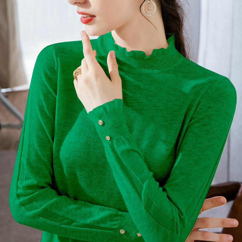 Suéter de punto de Cuello medio alto para mujer, prenda superior pequeña sin forro de estilo occidental de manga larga, hueco Delgado, Otoño e Invierno