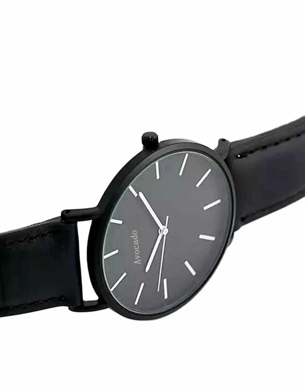 Abacate design relógio de couro em monocromático tudo preto quartzo relógio de pulso