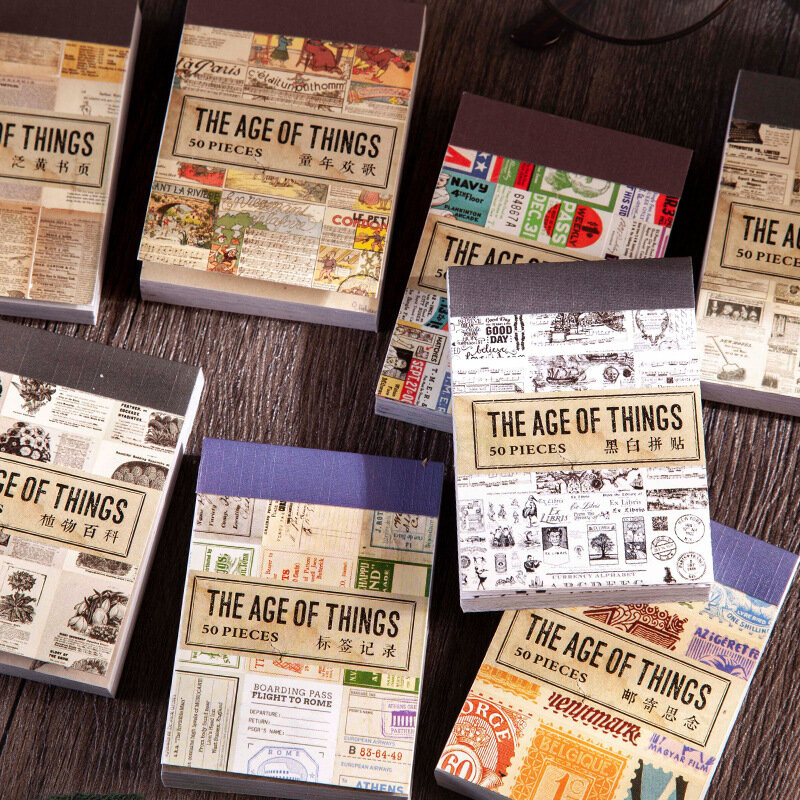 Paquete de 50 hojas de pegatinas de papelería de la serie The Age of Things, libro de viaje estético, páginas artesanales, diario de basura, álbum de recortes