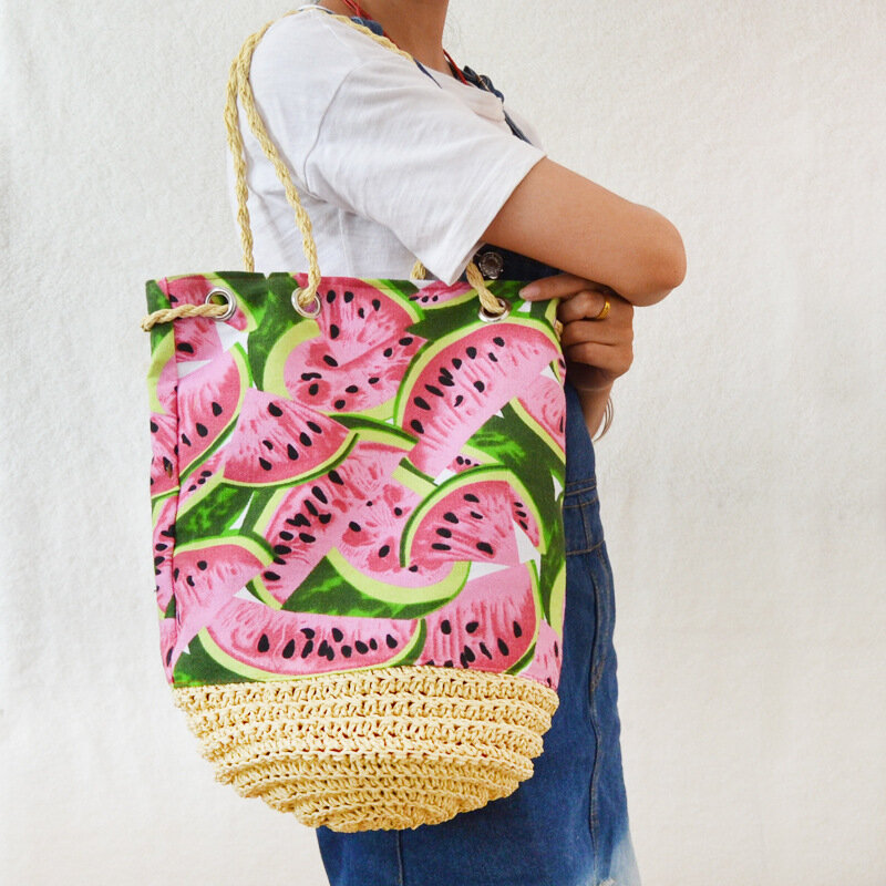 Плетеная пляжная сумка-бочонок для женщин, модные летние Соломенные Сумочки Ручной работы на шнурке, с арбузами, богемные сумочки, тоуты