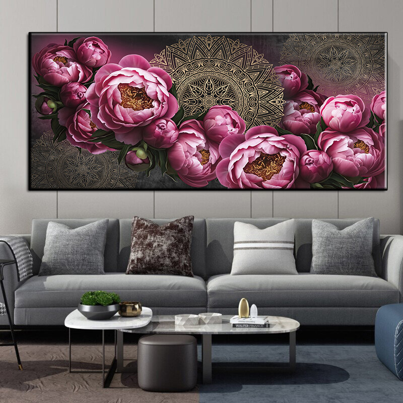 Padrão do vintage arte da pintura em tela mandala dourada e rosa vermelha flor coexistente parede arte cartaz como uma sala de estar decoração