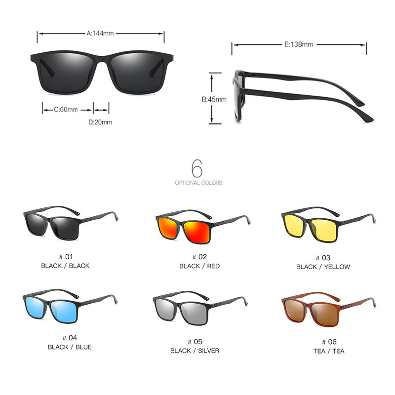 Kacamata Hitam Terpolarisasi TR90 Ringan Kacamata Pria Kotak Klasik Kualitas Tinggi Lapisan Kemudi Bingkai Hitam Kacamata Memancing UV400