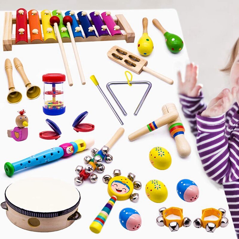 Instrumenty muzyczne dla dzieci, 15 rodzajów 23 szt. Instrumenty perkusyjne z drewna ksylofon dla chłopców i dziewcząt edukacja przedszkolna z powrotem do przechowywania