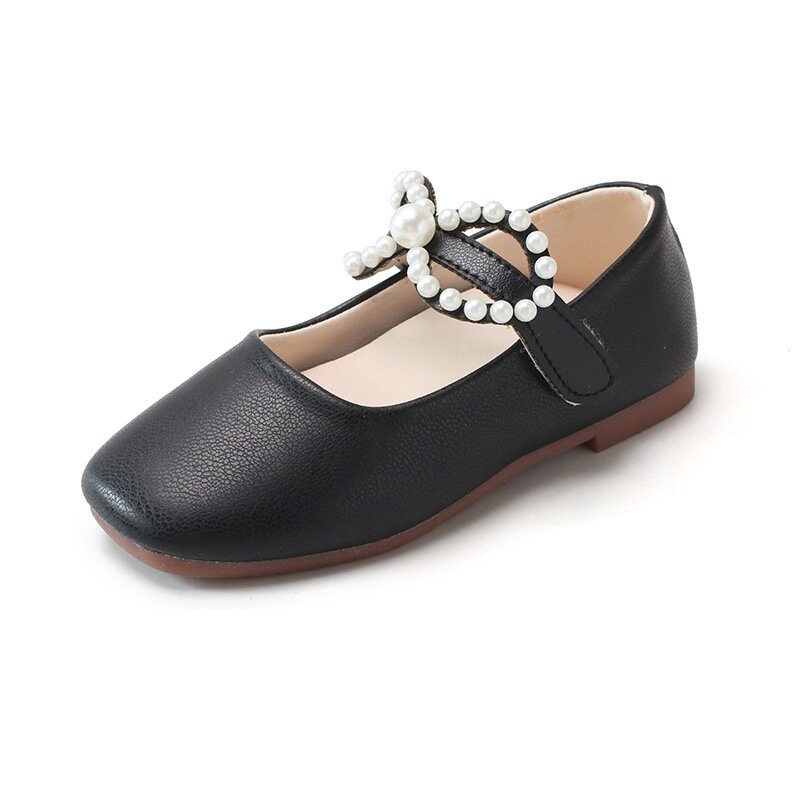 Zapatos de primavera para niñas, zapatillas de zapatos Mary Jane con lazo y perlas, hebilla de princesa, ostentosas, con cuentas, planos poco profundos, 2021