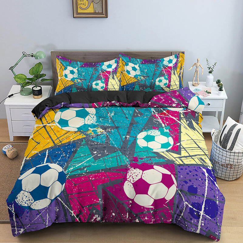3D Colorful Football Bedding Set Soccer Duvet Cover with Pillowcase Shame Twin Kids Comforter Cover Queen King Size for Adult