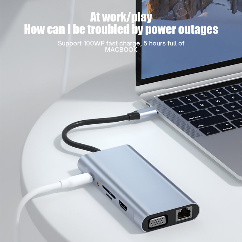 HUB USB C Sang 4K HDMI-Tương Thích VGA RJ45 Adapter Với PD TF SD Jack AUX 3.5Mm 4/5/6/8/11 Cổng Dock Station Cho Macbook Pro/Air