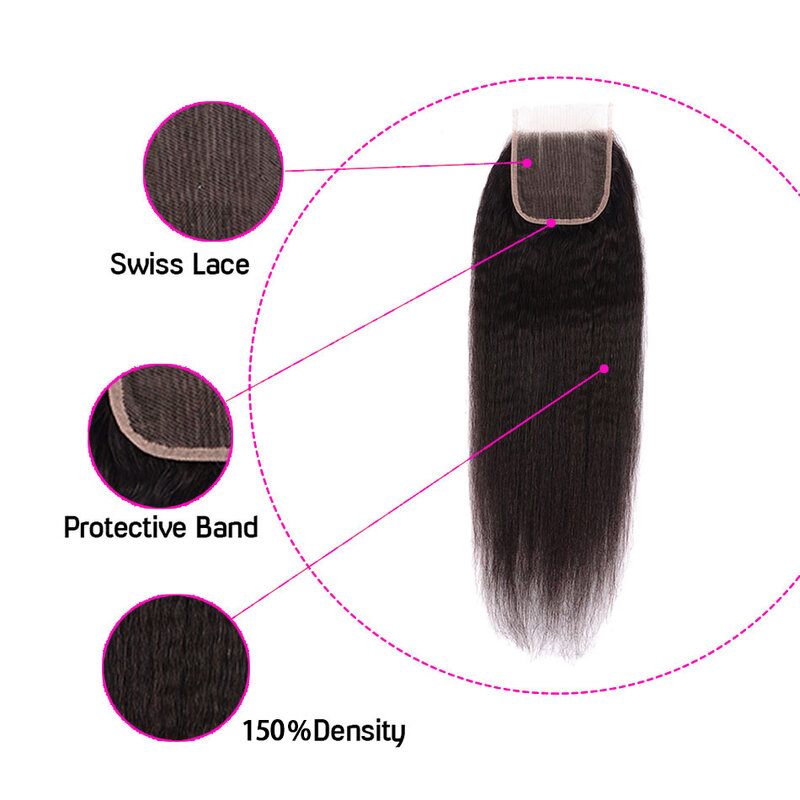 야키 스트레이트 5x5 레이스 클로저 무료 부품 100% 브라질 인간의 머리카락 레미 여성을위한 아기 머리카락 자연 색상 폐쇄
