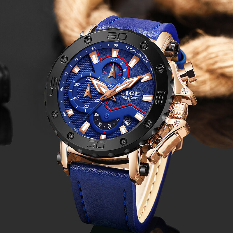 LIGE New Mens Watches Top Brand Luxury Big Dial Chronograph Sports Watch Men Waterproof Leather Quartz Watch Relogio masculino