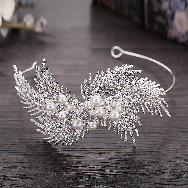 Silver Color Metal Leaf Headbands for Women Pearls Rhinestone Tiaras and Crowns Royal Princess diadema Pageant Party Hairbands