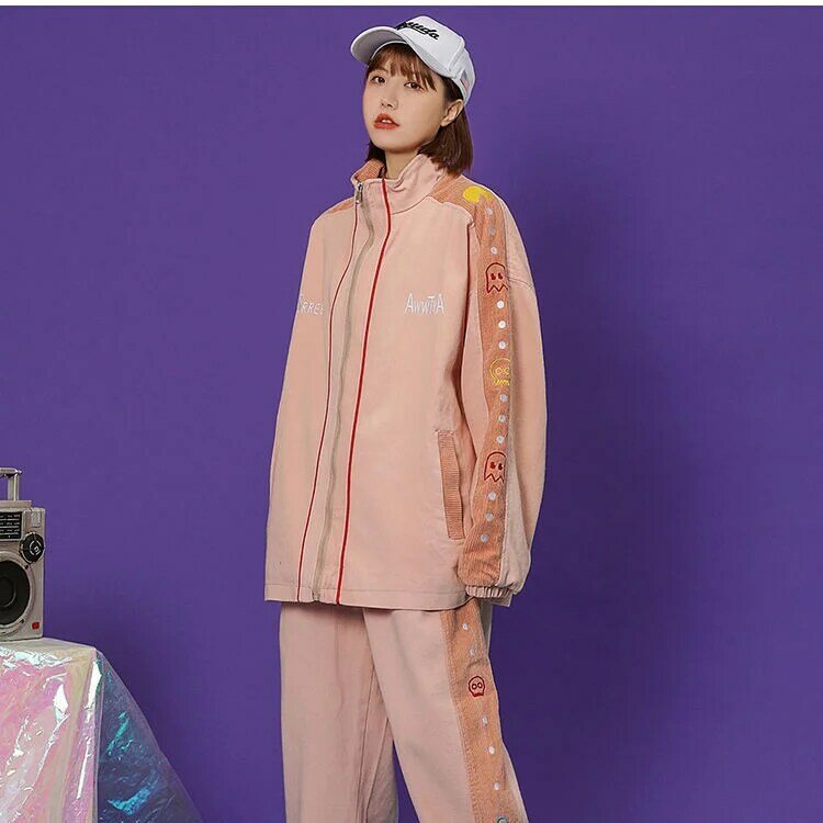 Y2k – ensemble deux pièces en velours côtelé pour femme, veste et pantalon, Streetwear, ample, Style coréen, survêtement unisexe, pour adolescent, collection printemps-automne 2021