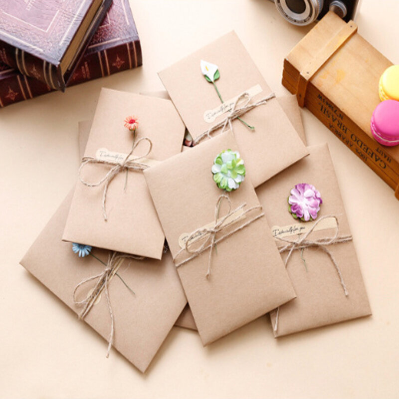 3pack/lot Vintage Kraft Paper Dried Flower Greeting Paper Card With Envelope Gift Message Invitation Wedding Party Stationery