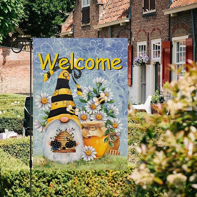 歓迎ミツバチgnomeガーデン旗、春夏ヤード屋外ホーム装飾小旗、黄麻布装飾両面12 × 18