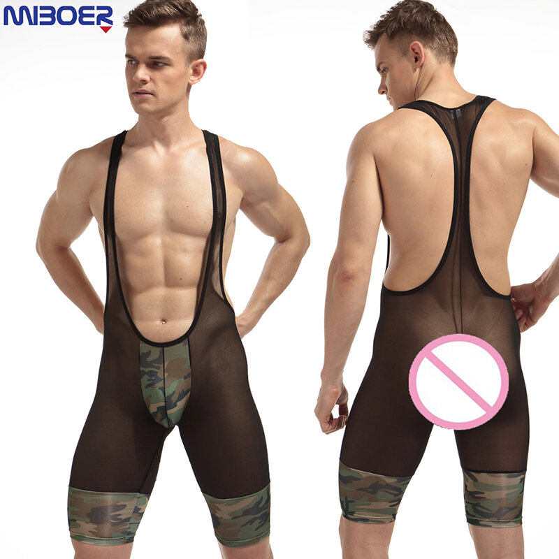 เซ็กซี่แฟชั่นเซ็กซี่ดู Camouflage Soft Breathable ชุดชั้นในกางเกงขาสั้น Bodysuits นักมวยตาข่ายชุดว่ายน้ำ MenWrestling ชุด