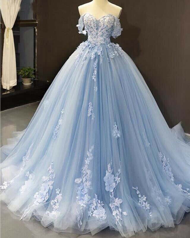 Elegant Sweetheart Neck Evening Dresses 2021 New Elegant Light Blue Off The Shoulder Appliques Formal Long Prom robe de soiree