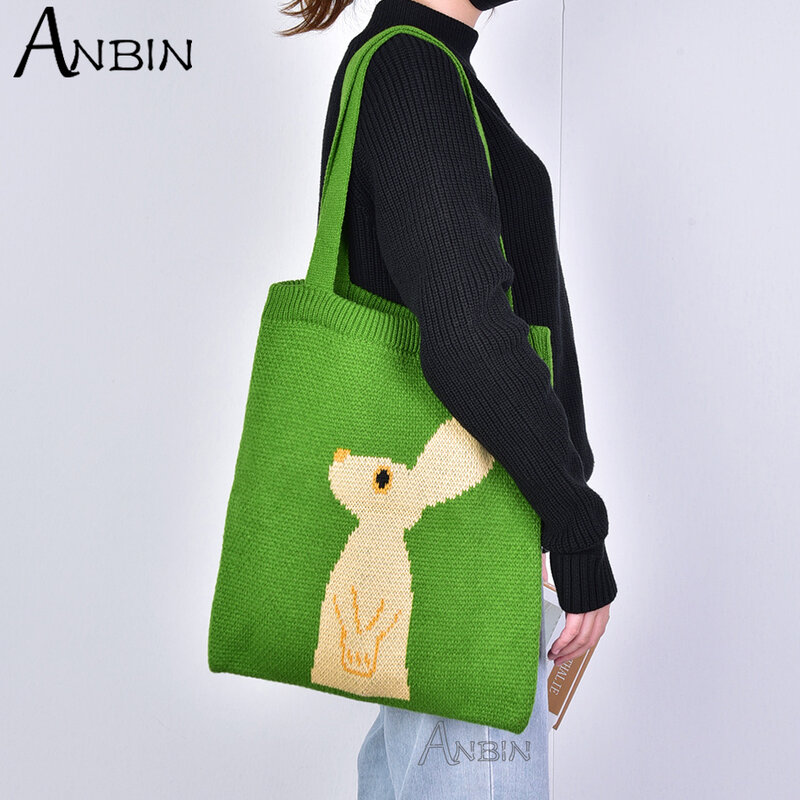 女性用ニットショルダーバッグ,大容量のショッピングバッグ,漫画のウサギのトートバッグ,女の子用のランドセル