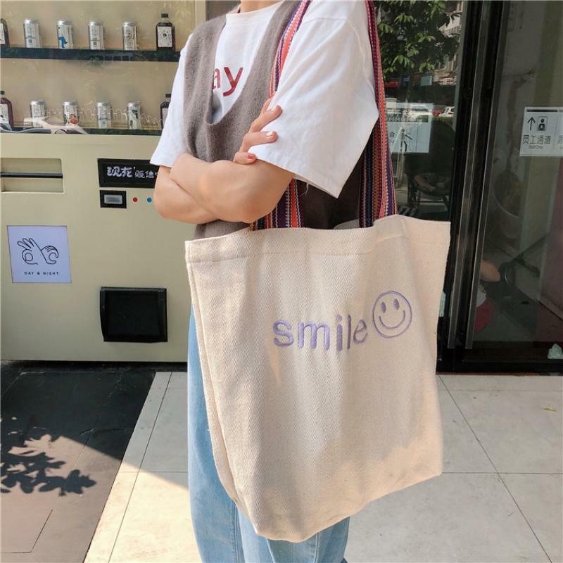 Bordado sorriso lona sacos de compras 2021 luxo designer bolsas moda feminina grande capacidade ombro shopper sacos