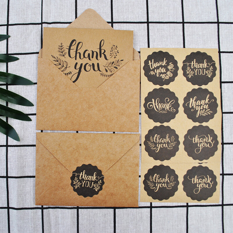8 sets of thank you cards, brown paper flower thank you cards, retro style blessing stickers, creative half fold holiday cards