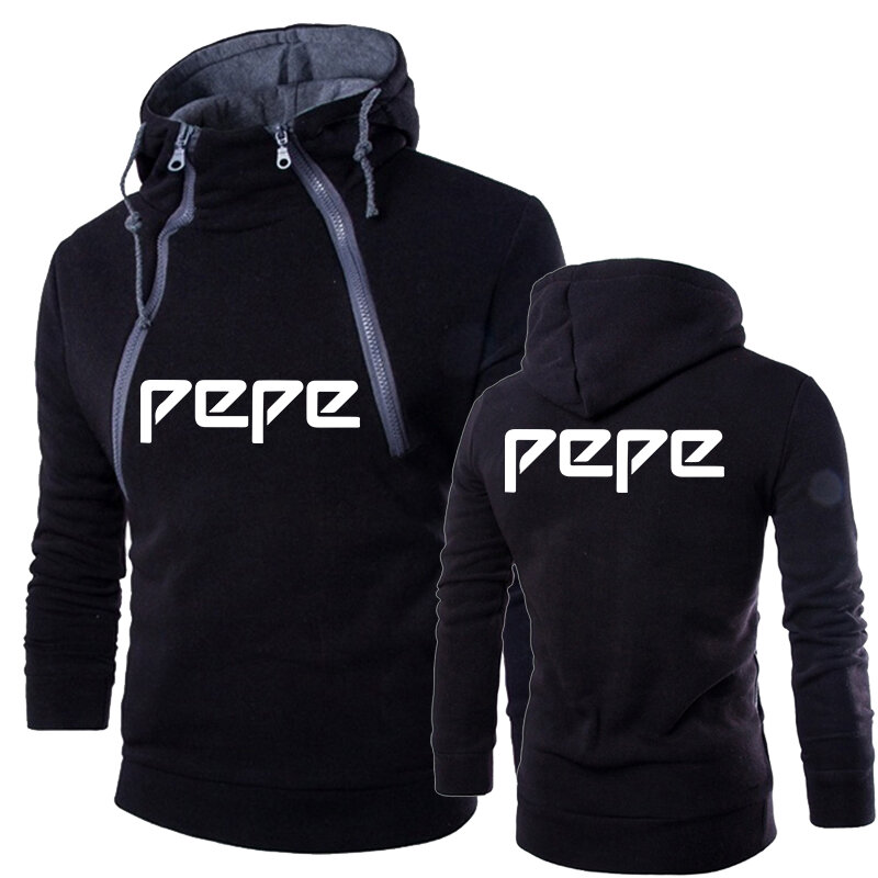 Men's Pepe Print Hoodie Solid Color Windproof Motorcycle Wear Fall Winter Long Sleeve Double-stranded Zipper Sweatshirt