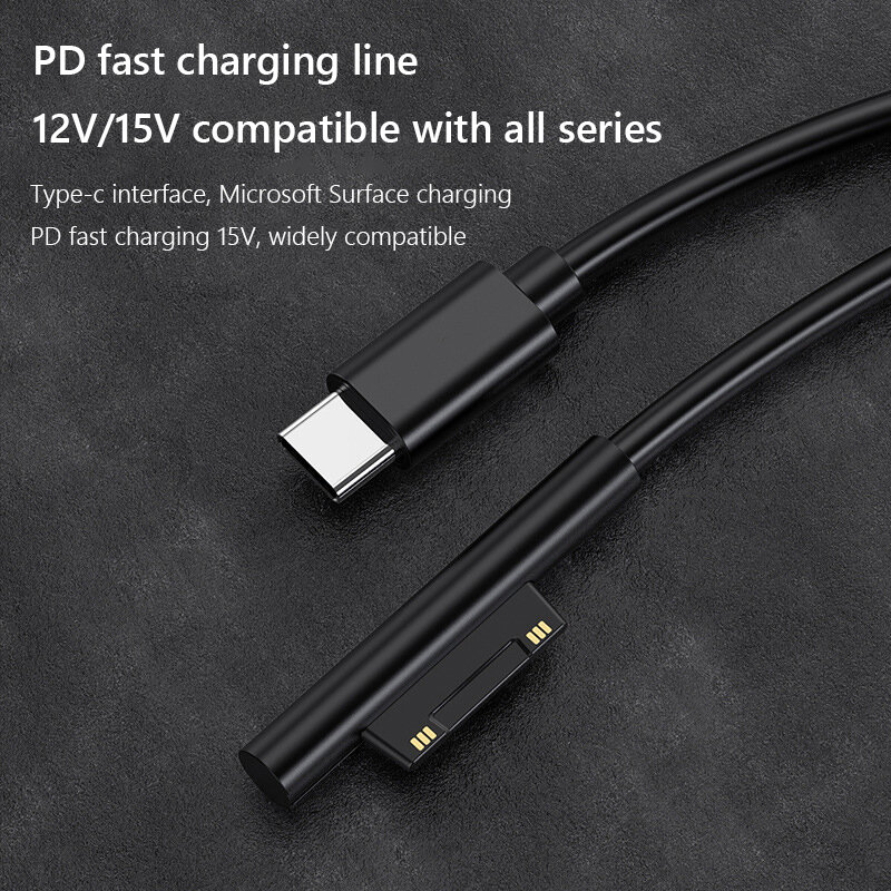 Adaptateur de chargeur USB type-c 65W 15V 3A PD, 1.5m, câble de charge rapide pour Microsoft Surface Pro 7/6/5/4/3 Book/Book 2