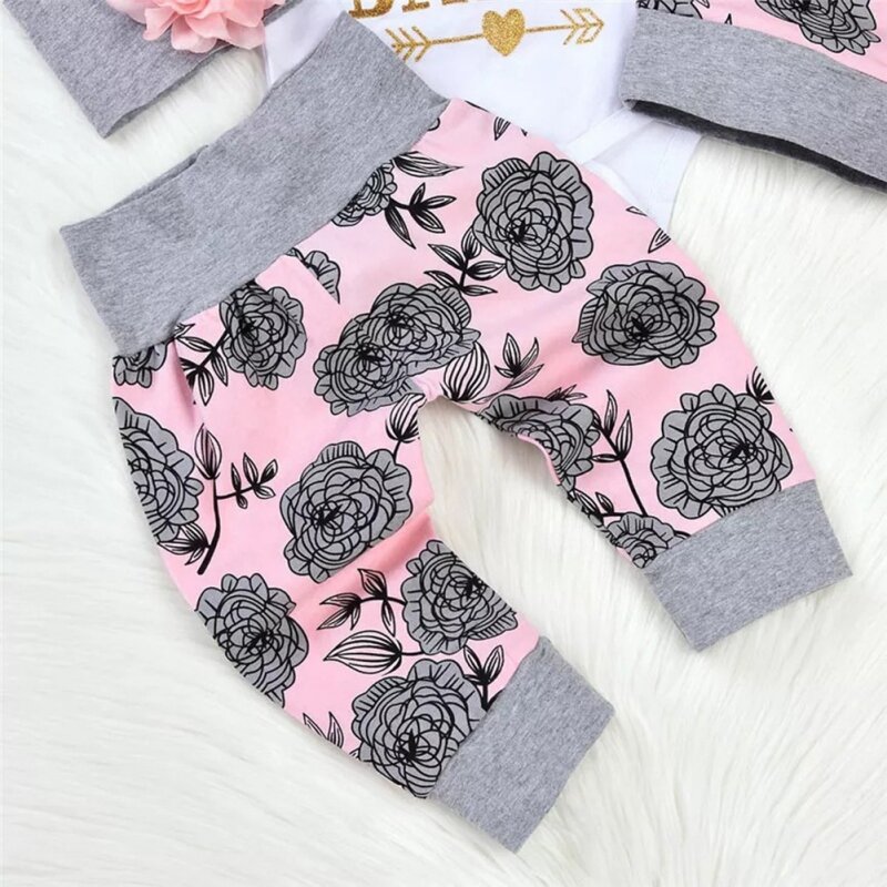 Baby Girl Boy Clothing Suit Newborn Kids Outfits Clothes Rompers Bodysuit+Flower Printed Pants+Headband+Hat 4PCS Set