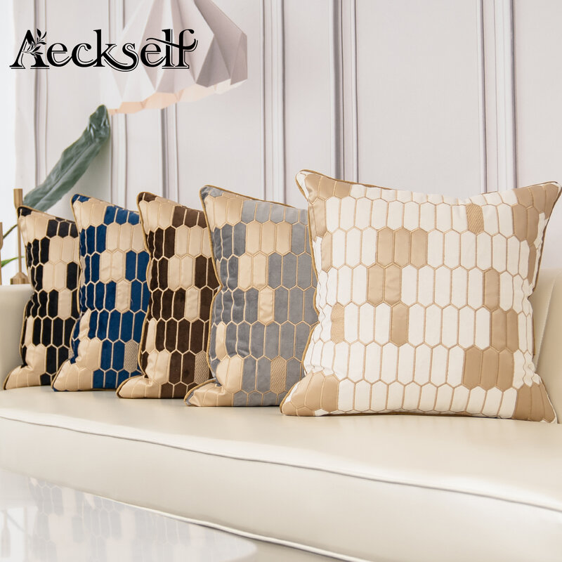 Aeckself Sarung Bantal Sofa Beludru Bordir Kotak-kotak Kulit Modern Dekorasi Rumah Biru Tua Coklat Abu-abu Sarung Bantal Penutup