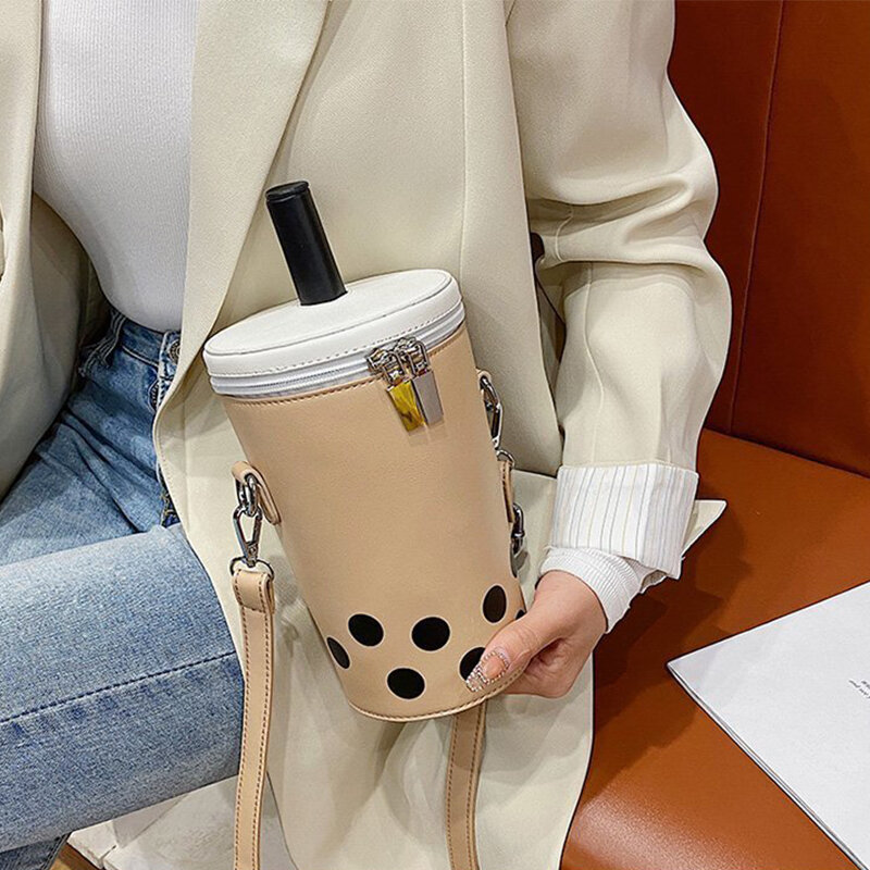 Tas Selempang Bahu Wanita Teh Susu Lucu Desain Cup Minuman Tas Messenger Kulit Pu Cetakan Kartun Musim Gugur Musim Dingin untuk Wanita