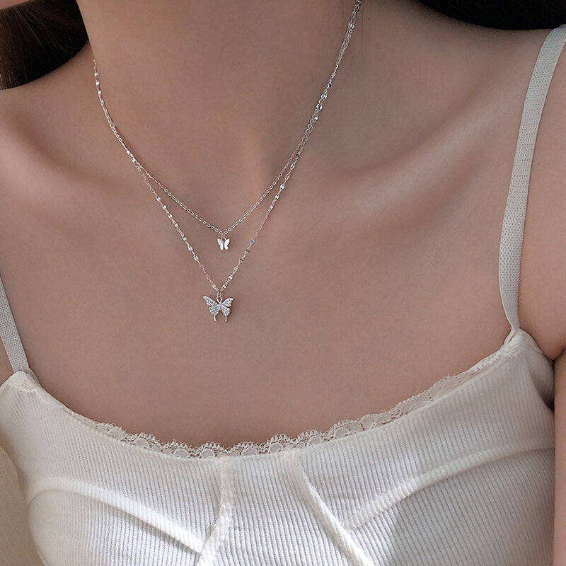 HKMMH 925 Sterling Silver Double Layer Butterfly Zircon Necklace 2021 New Female Light Luxury Birthday Gift Elegant Jewelry