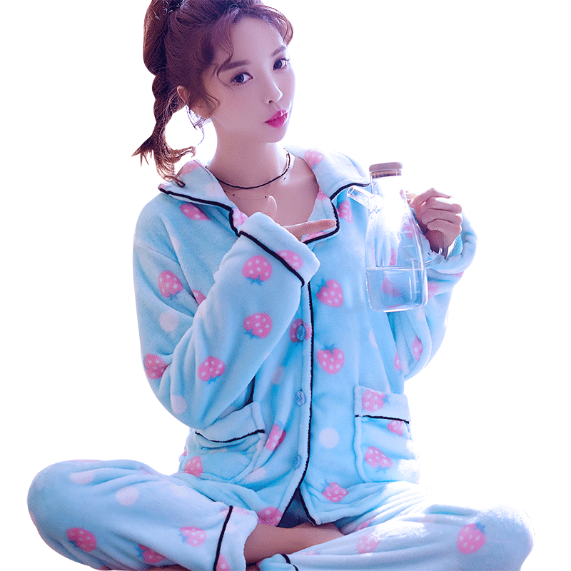 H5864 terno de pijama feminino, pijamas de menina estampados com morango doce, roupas de casa, outono e inverno, grosso, flanela coral, roupa de dormir quente