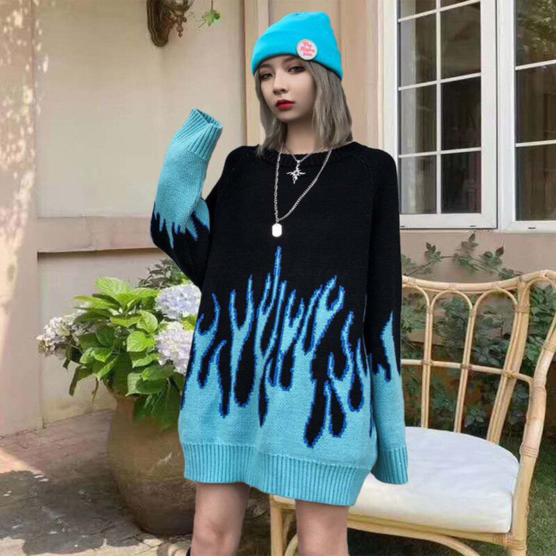 Женский свитер с круглым вырезом, Синий Свободный пуловер большого размера с синим пламенем, зима-осень 2020