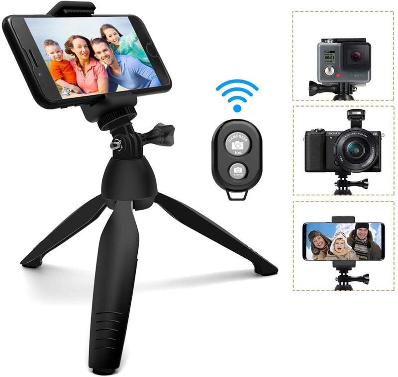 Mini tripé para câmera, suporte de viagem ajustável com controle remoto sem fio e clipe universal para selfie