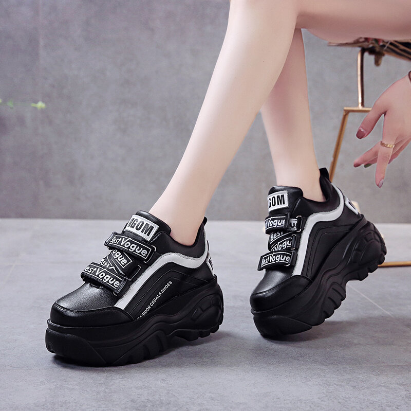 Sneakers Chunky Beralas Tebal Sepatu Platform Tinggi Perca Hitam Putih Wanita Alas Kaki Wedges Musim Gugur Musim Dingin Kasual Wanita G788