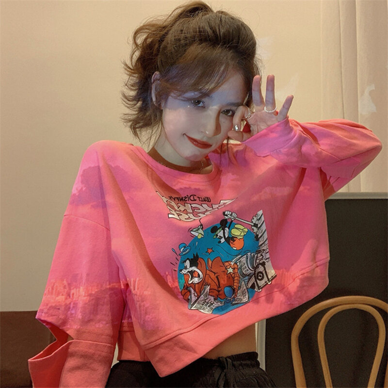 Suéter corto de Mickey para mujer, suéter holgado estilo coreano Ins Idle, diseño fino BF, Top de calle frita no corriente, 2021