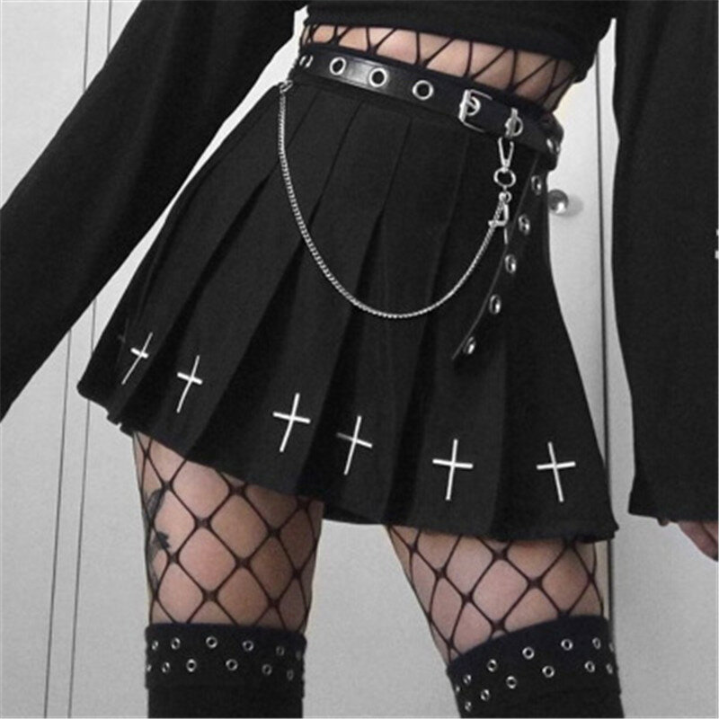 New Dark A-line Skirt Female Summer Punk Style Black High Waist Pleated Skirt Short Skirt Wild