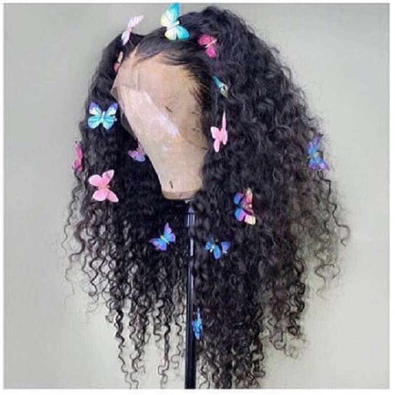 Perruque Lace Front wig synthétique sans colle noire, perruque bouclée crépue longue de 26 pouces de densité 180 ligne de cheveux naturelle pour femmes BabyHair Cosplay quotidien