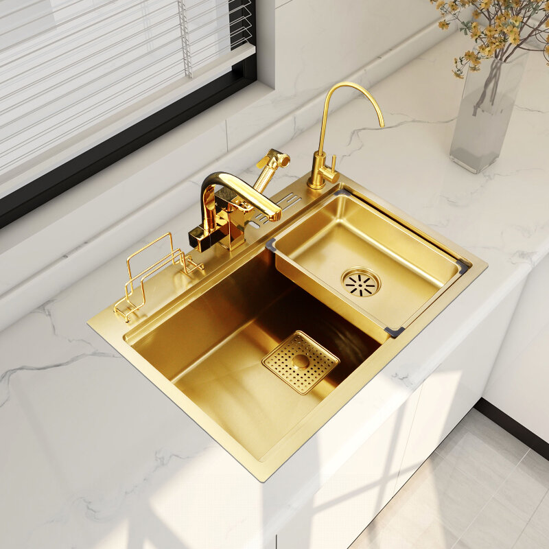 304 gold einzigen becken waschbecken einzigen becken küche waschbecken waschbecken multifunktionale embedded box mit messer halter 78*46cm