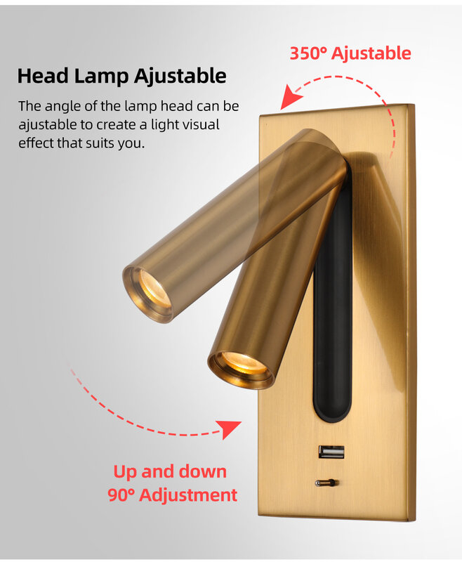Lámpara Led de pared con cargador USB, decoración de cabecera, lámpara de lectura de cabecera, lámpara de pared para cabecera de hotel, rotación gratis