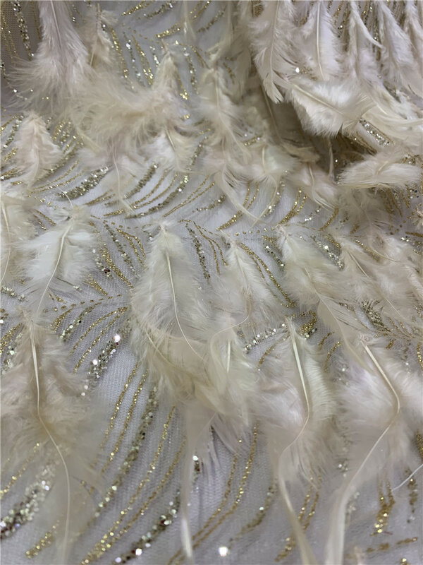 Brokatowe srebrne cekinowy, afrykański koronkowy materiał wysokiej jakości nigeryjski koronkowy materiał z piórami ręcznie robiony na wieczorowa suknia ślubna