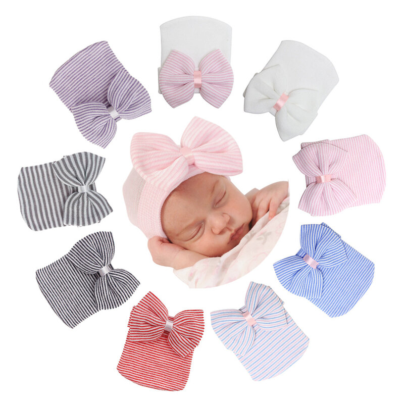 2020 New Newborn baby hat Toddler Striped Caps Bow Beanies Soft Hospital Girls Hats Baby Warm Hat for Baby 0-3M Accesories