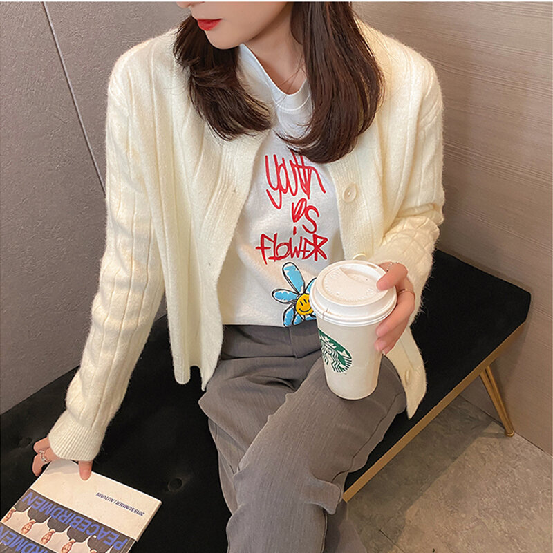 2021 Winter New Retro Style Sweater Loose Long Pit Striped Cardigan Jacket Jacket Women Short Single-breasted Solid Color Jacket