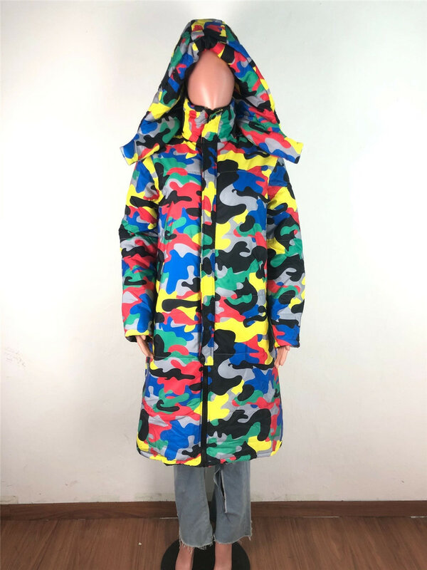 Długa damska kurtka puchowa kolorowy nadruk kamuflaż z kapturem ocieplana kurtka Hip Hop ciepła para płaszcz zimowy