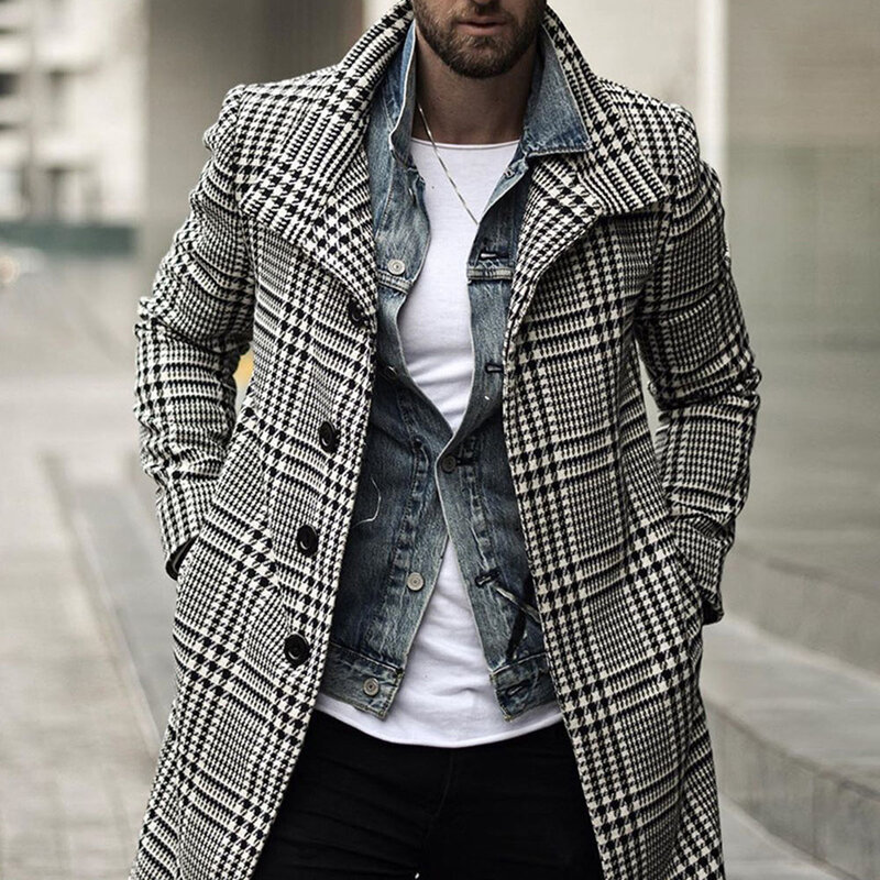Coat Men 2021 New Autumn Winter Fashion Lattice Lapel Long Sleeve Single Breasted Casual Design Simplicity Western Style