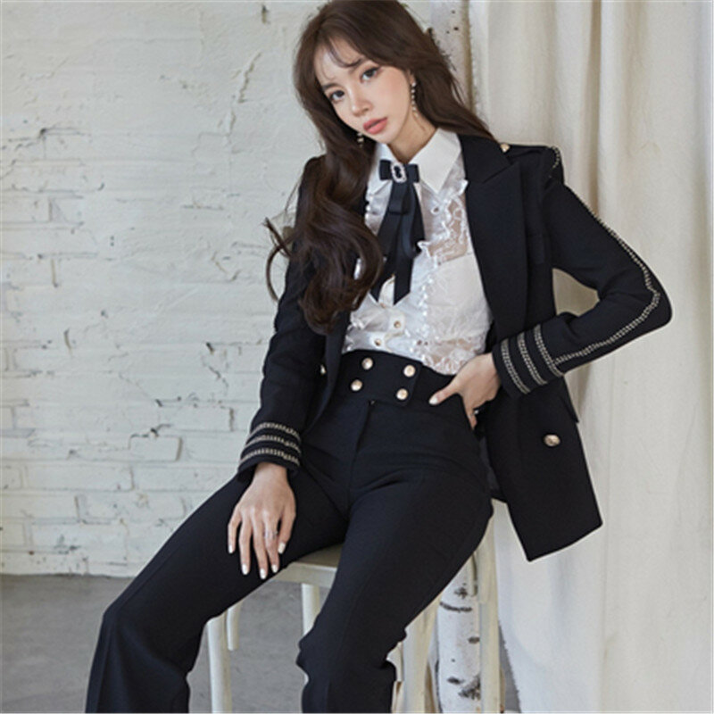 Fashion Business Pant Suits Uniform Formal Double Breasted Blazer Jacket and Long Pant Blazer Sets OL Women 2 Pieces Set Outfits