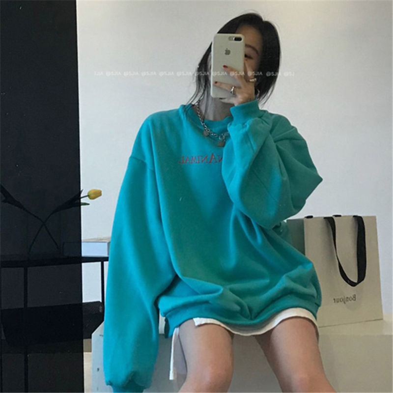 Sweat-shirt Cyan à col rond pour femme, pull ample, Vintage, mode coréenne, nouvelle collection printemps automne 2021